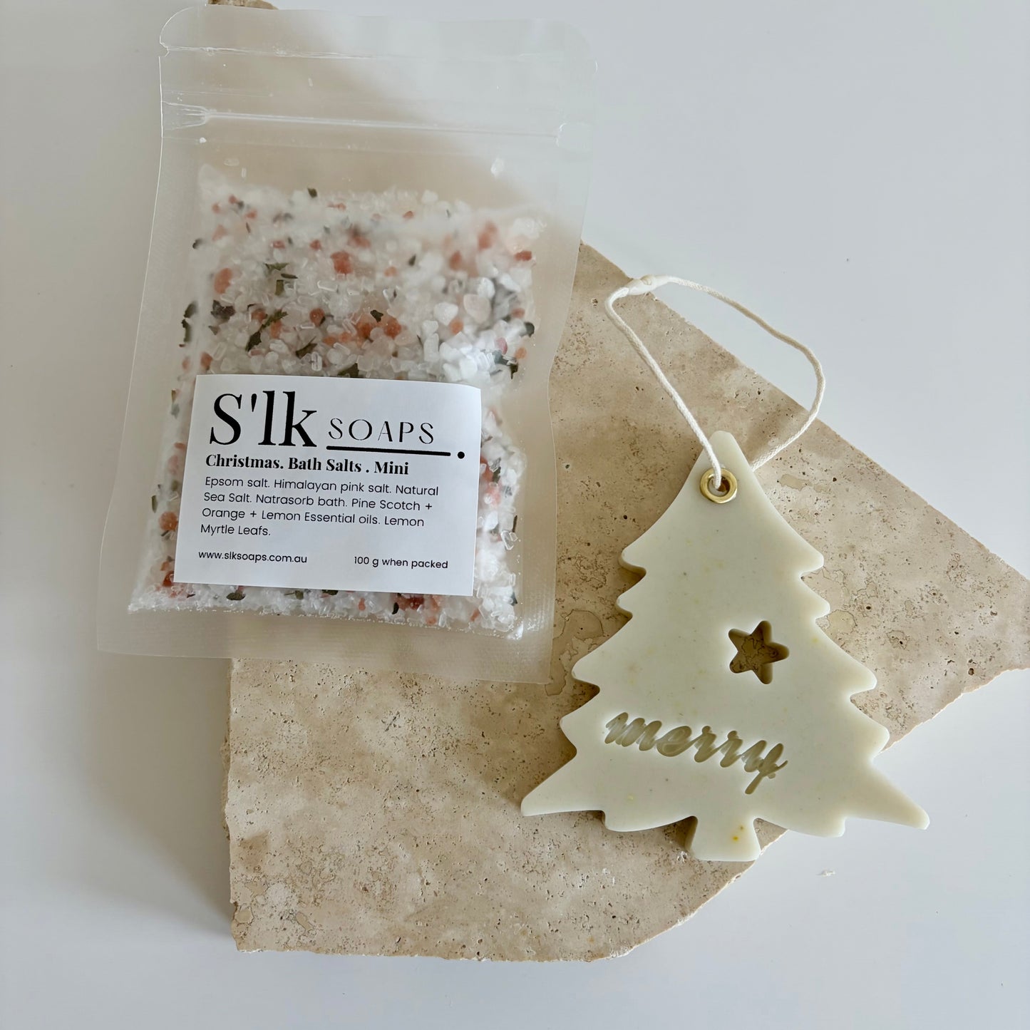 Christmas White Gift Pack - Mini Christmas Bath Salt & Christmas Tree Soap Bar